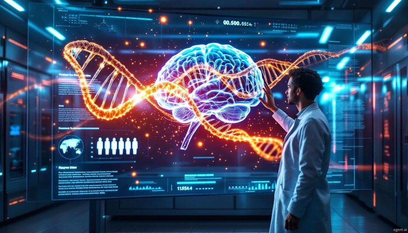 Futuristic representation of artificial intelligence analyzing genetic data and molecular structures