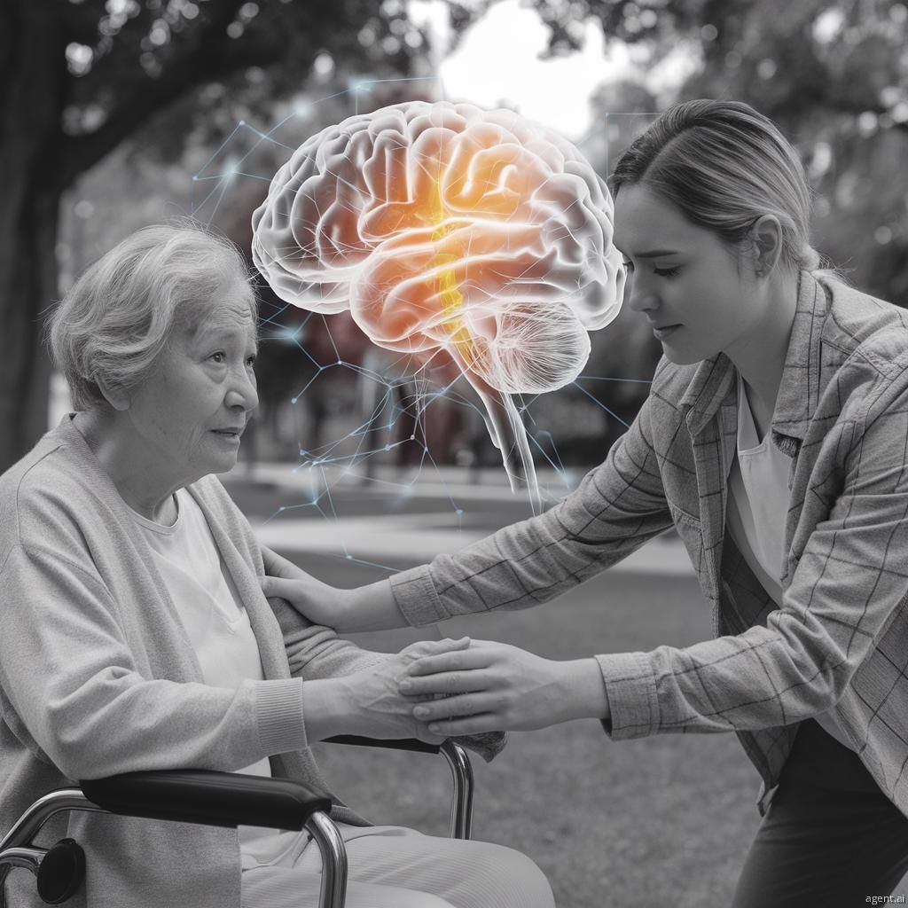 A young adult supporting an elderly parent in a warm, home-like setting, symbolizing the importance 