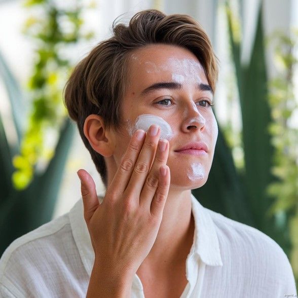 Person applying white cream to their face, in a light-filled setting with plants.
