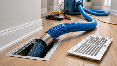 Blue vacuum hose attached to floor vent in a wood-floored room during duct cleaning