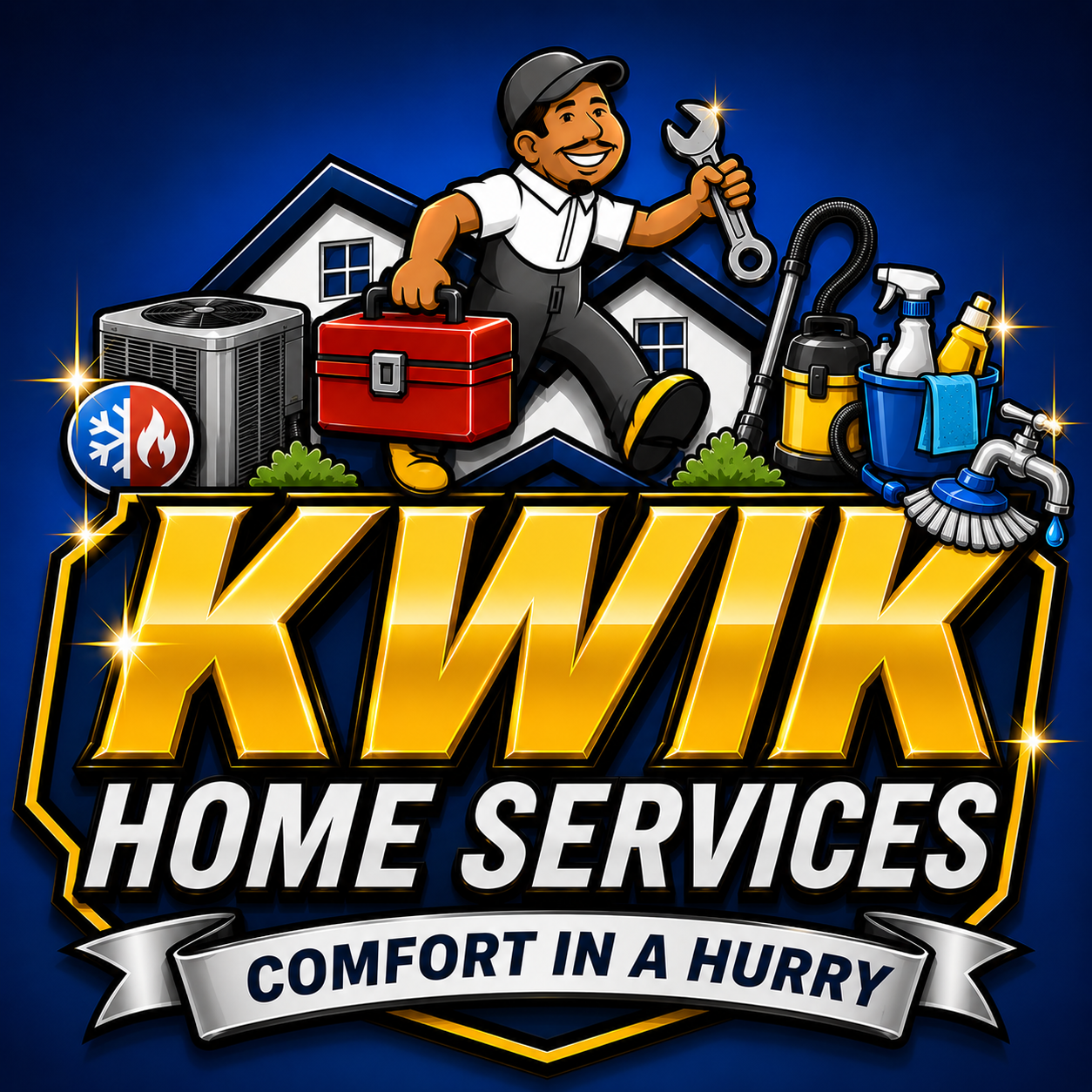 KWIK Home Services logo with a smiling technician, tools, house, and the tagline “Comfort in a Hurry”