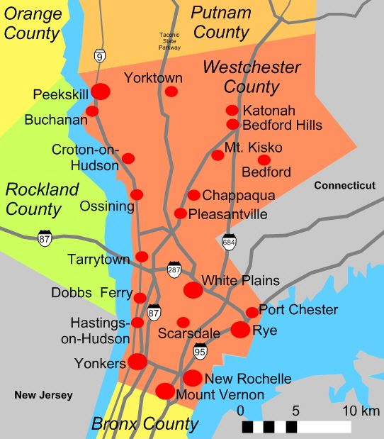 A map showing the location of westchester county