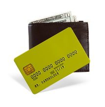 A yellow credit card is next to a brown wallet with money in it