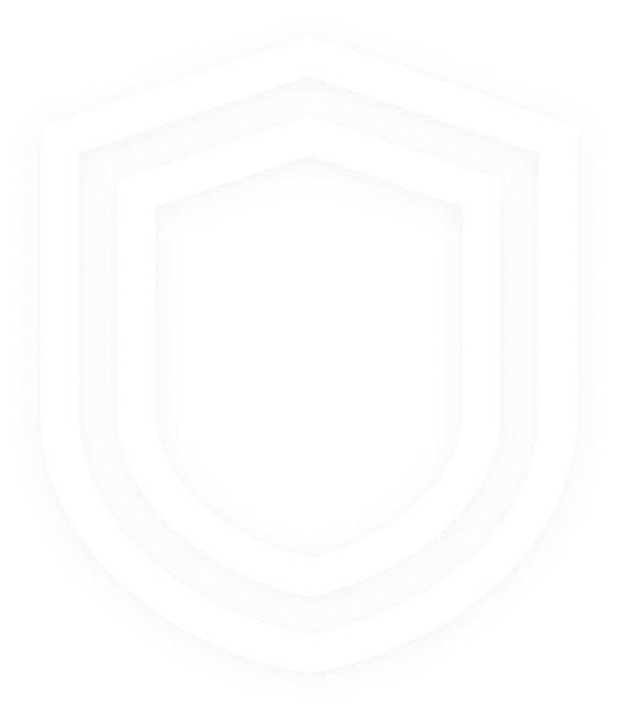 A white shield with a circle around it on a white background.