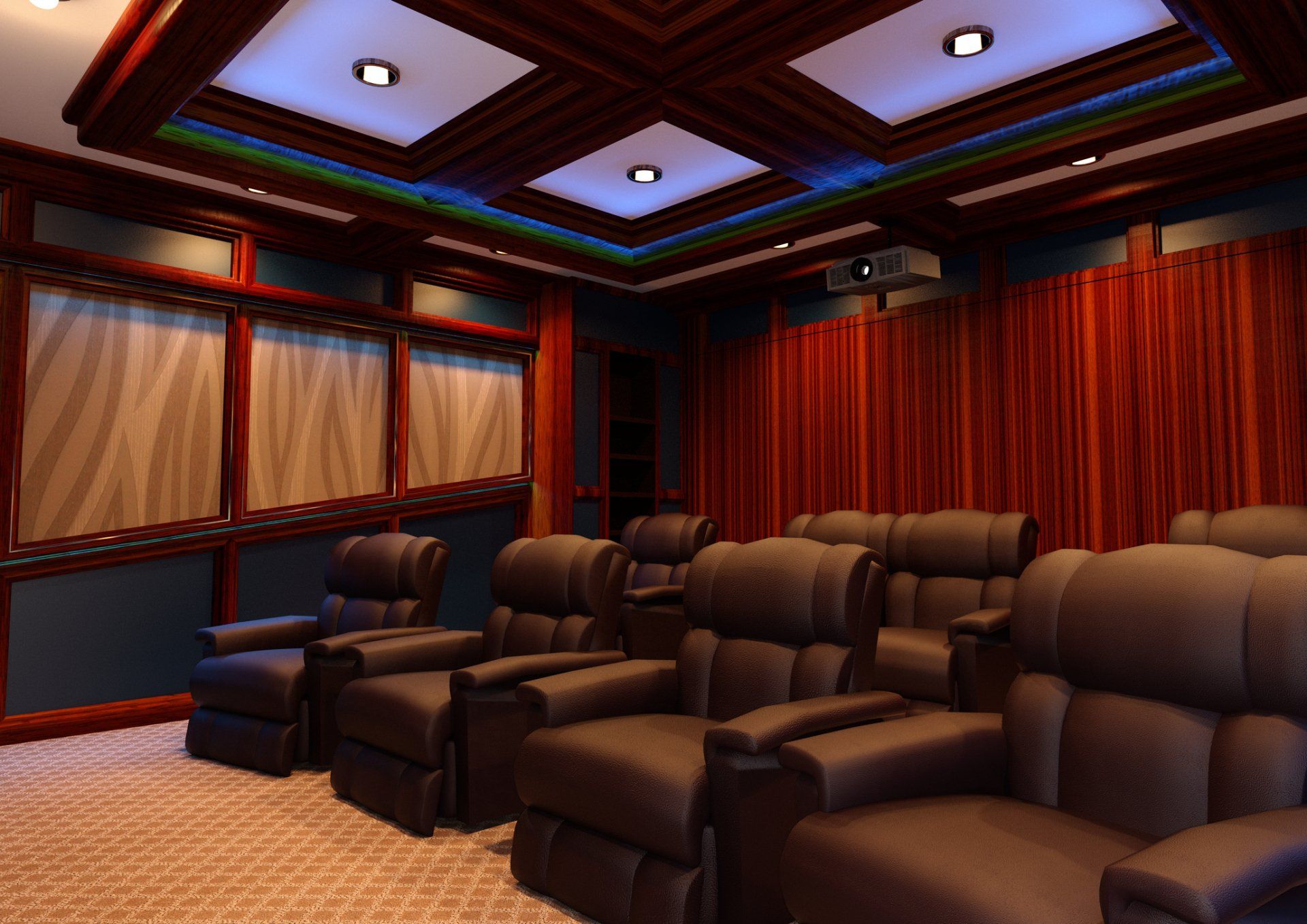 A home theater with lots of seats and a projector