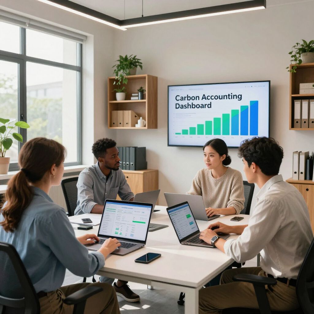 Four people in a meeting discussing a carbon accounting dashboard in a modern office.