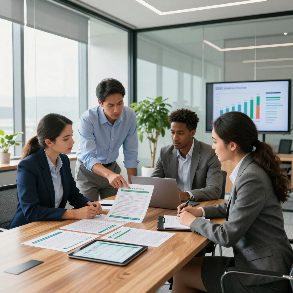Business team in a meeting, reviewing documents and a bar graph on a screen in a modern office.