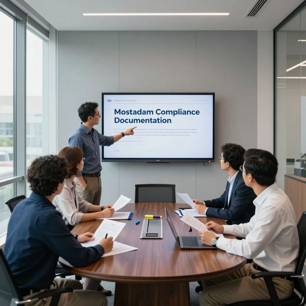 A man points to a screen in a conference room while presenting to colleagues seated around a table.