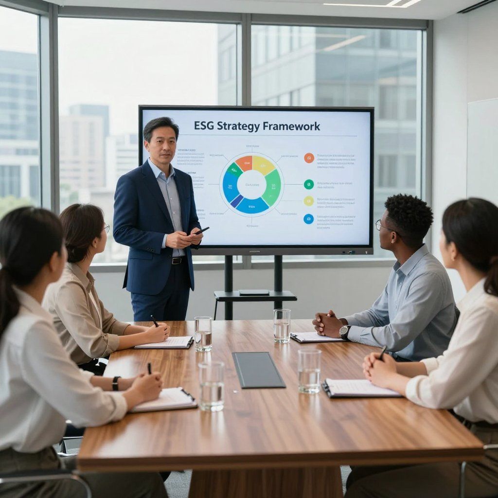 A man in a suit presents an ESG strategy framework to a team in an office.