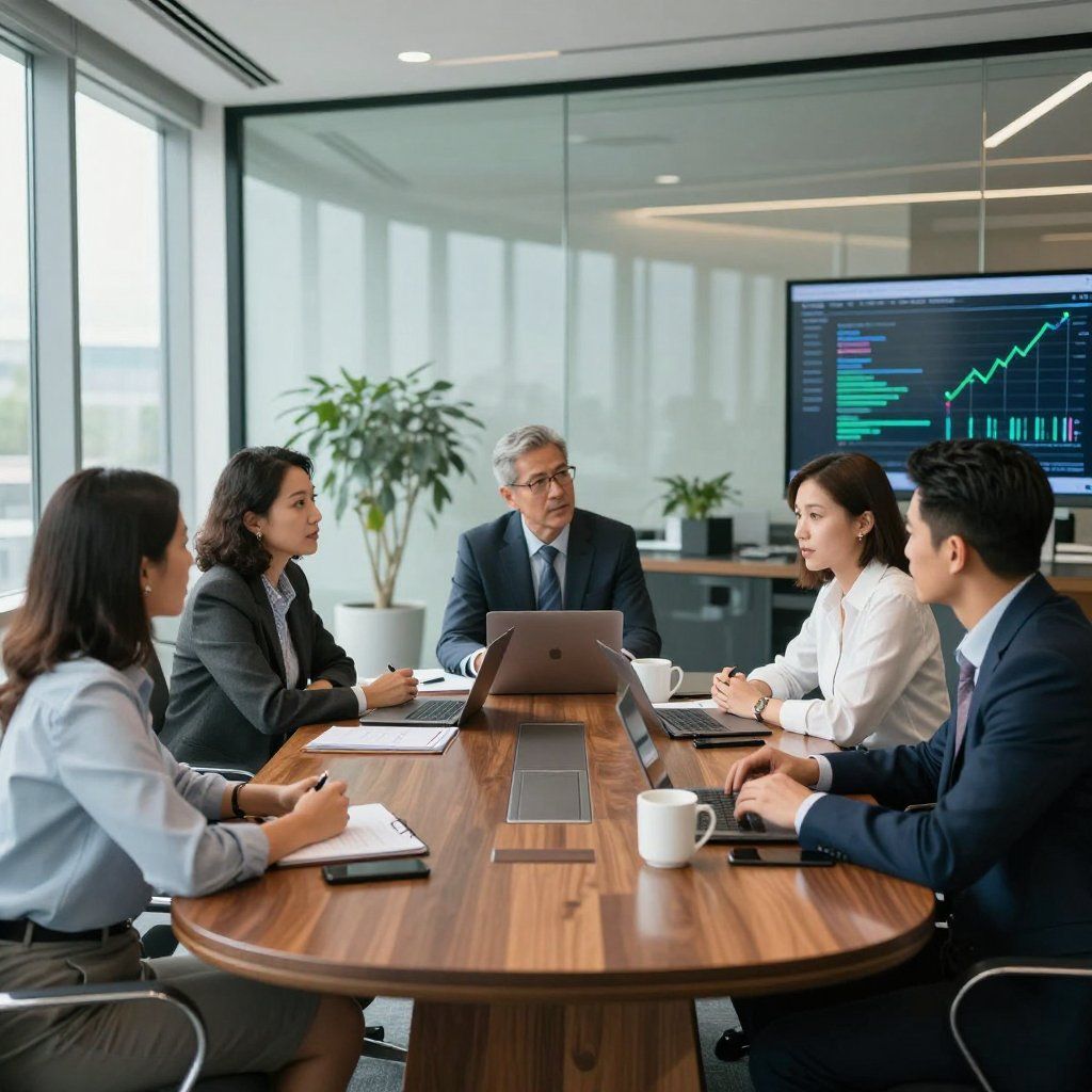Business meeting in modern office: six people around a wooden table, discussing data on laptops and screen.
