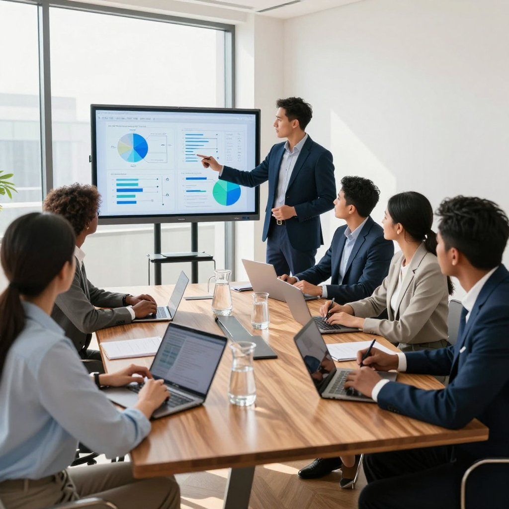 Man presents data on screen to colleagues in a conference room.