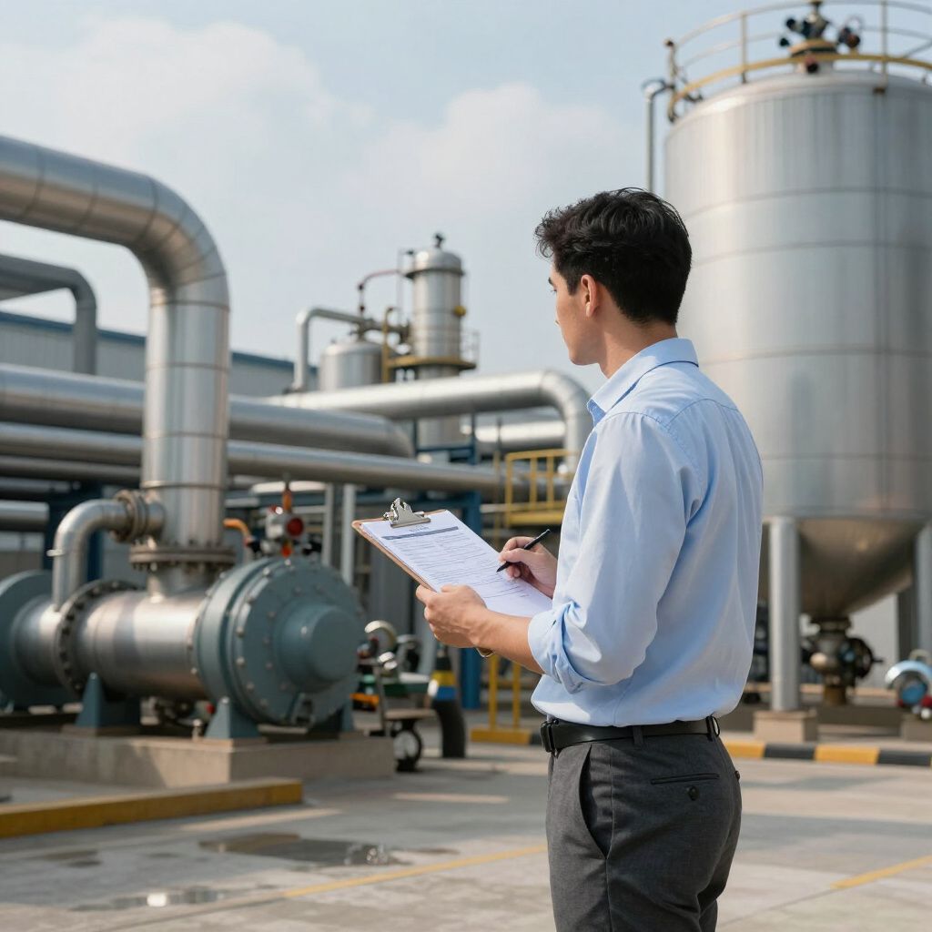 Man in light blue shirt examines industrial equipment with a clipboard.