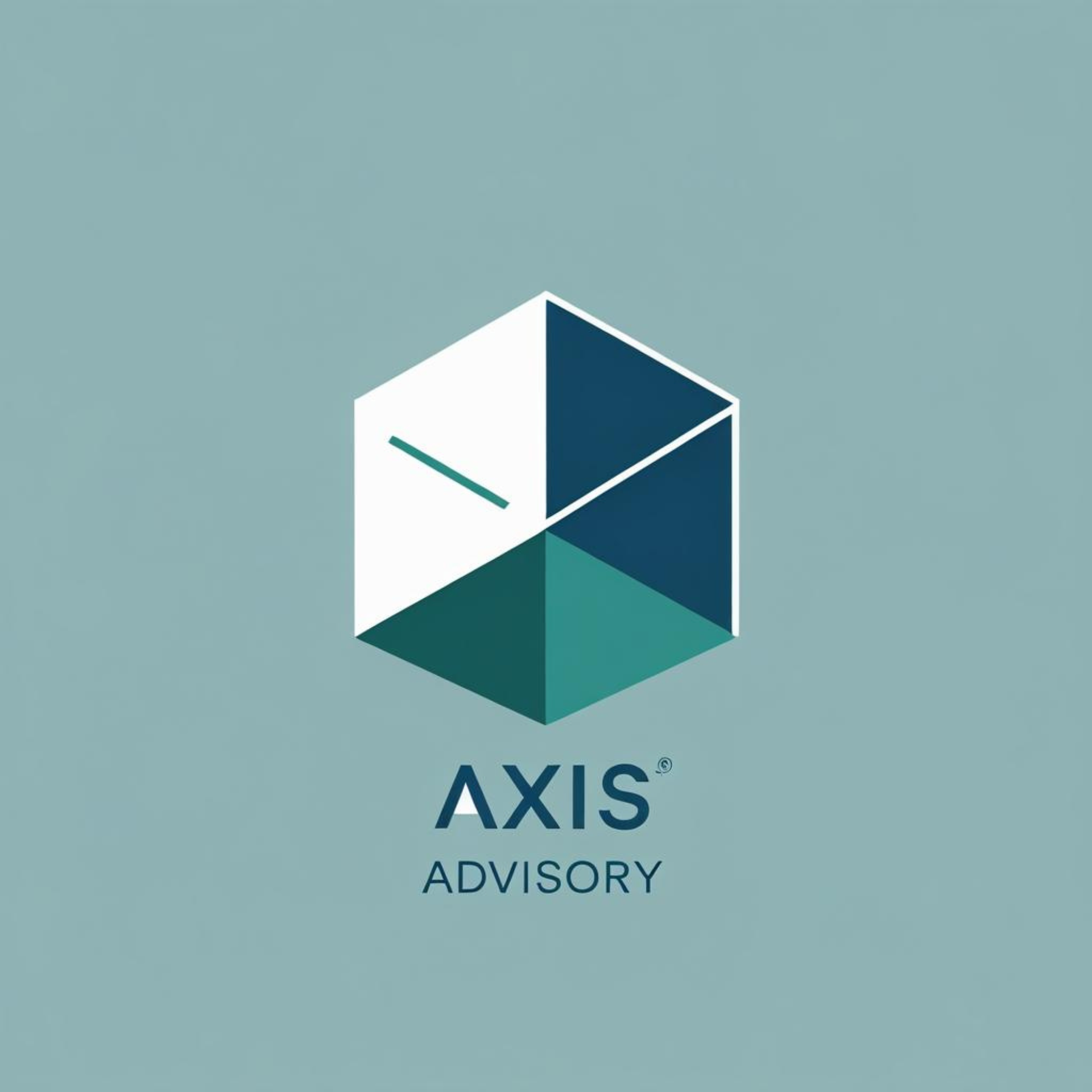 Hexagonal logo with white and teal geometric shapes; 