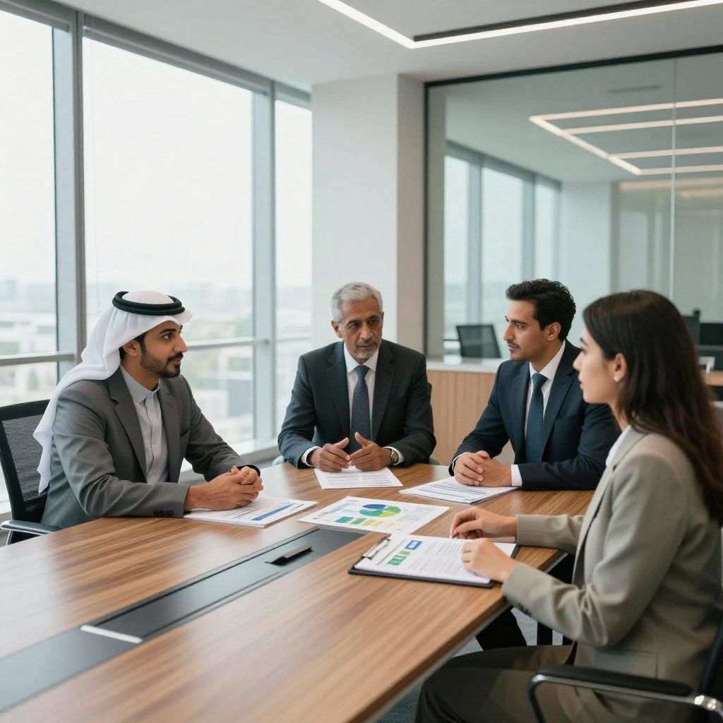 Four people in a modern office meeting. They sit at a table looking at papers, discussing.