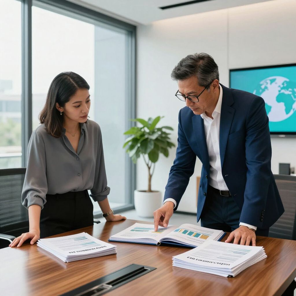 Woman and man in an office review documents; man points to charts.