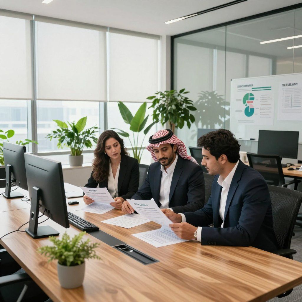 Three people in business attire reviewing documents at a desk in a modern office.