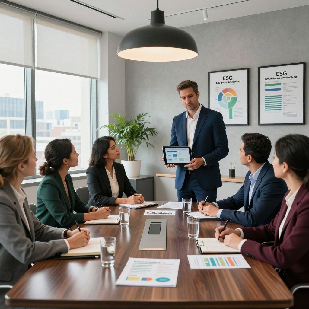 Man presenting a tablet in a meeting to a group of colleagues seated around a table.