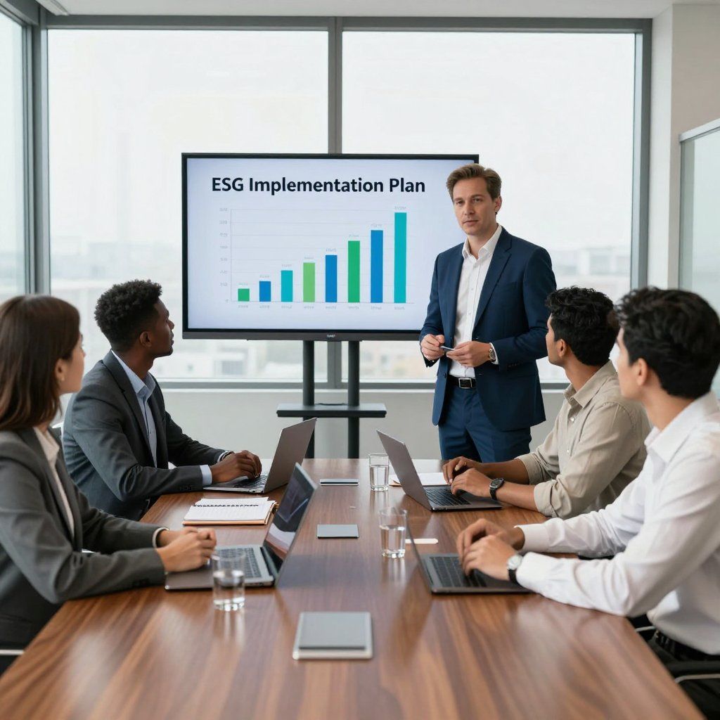 Man presenting an ESG Implementation Plan to a group in a modern office, showing a bar graph.