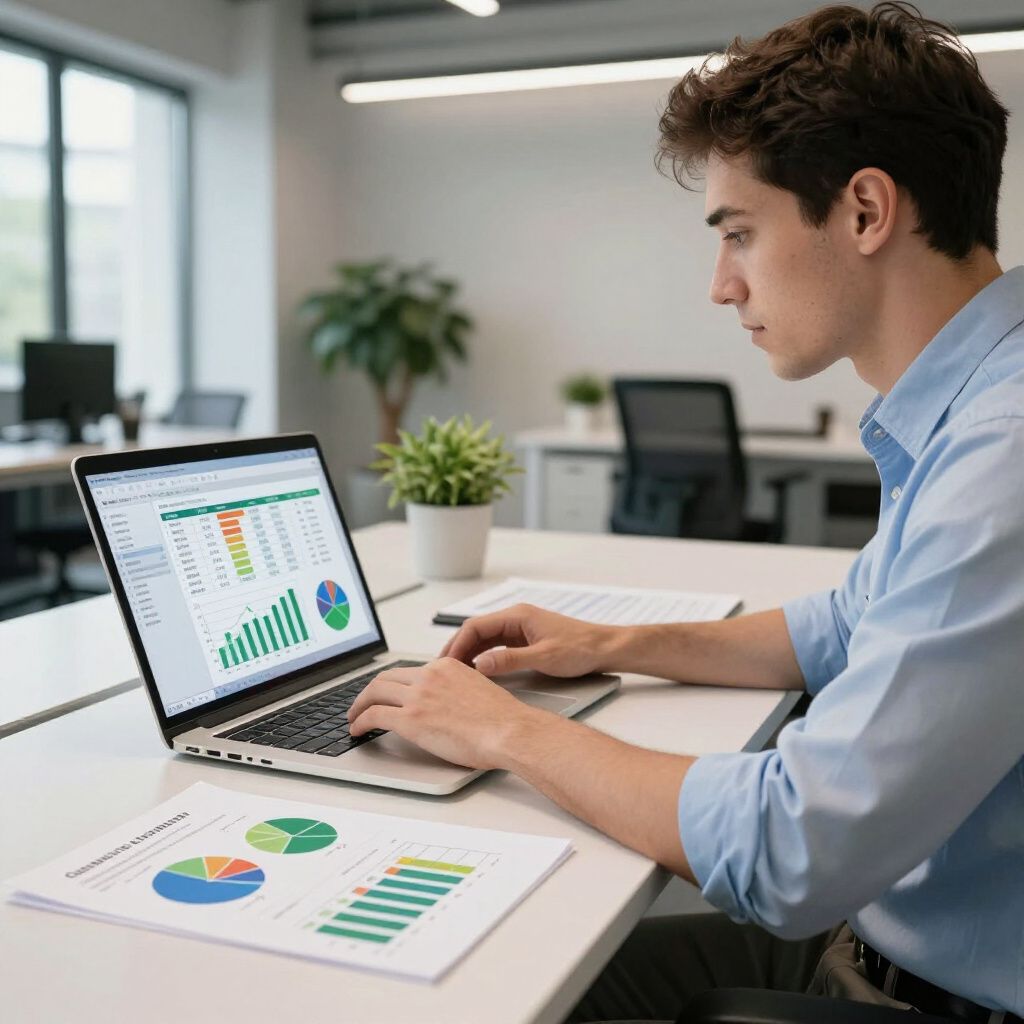 Man at desk working on a laptop, viewing spreadsheets and charts, in an office setting.