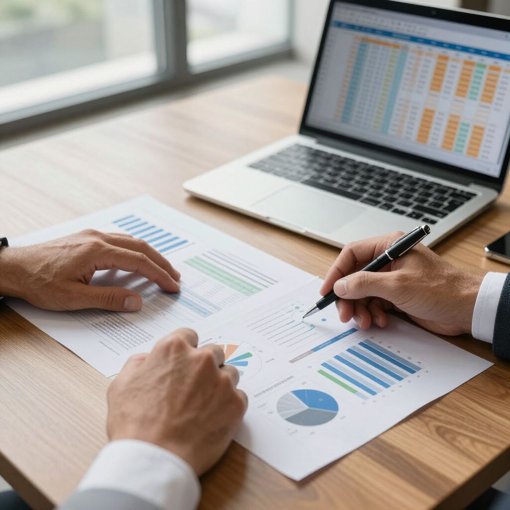 Hands reviewing financial charts with a laptop displaying a spreadsheet on a wooden desk.