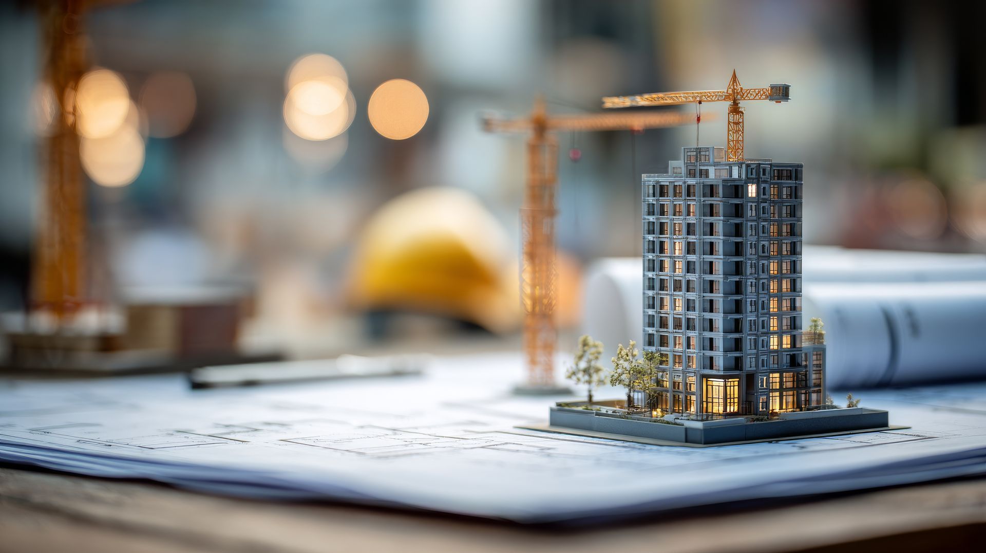 Miniature building model with cranes on architectural blueprints, with a blurred hard hat in the background