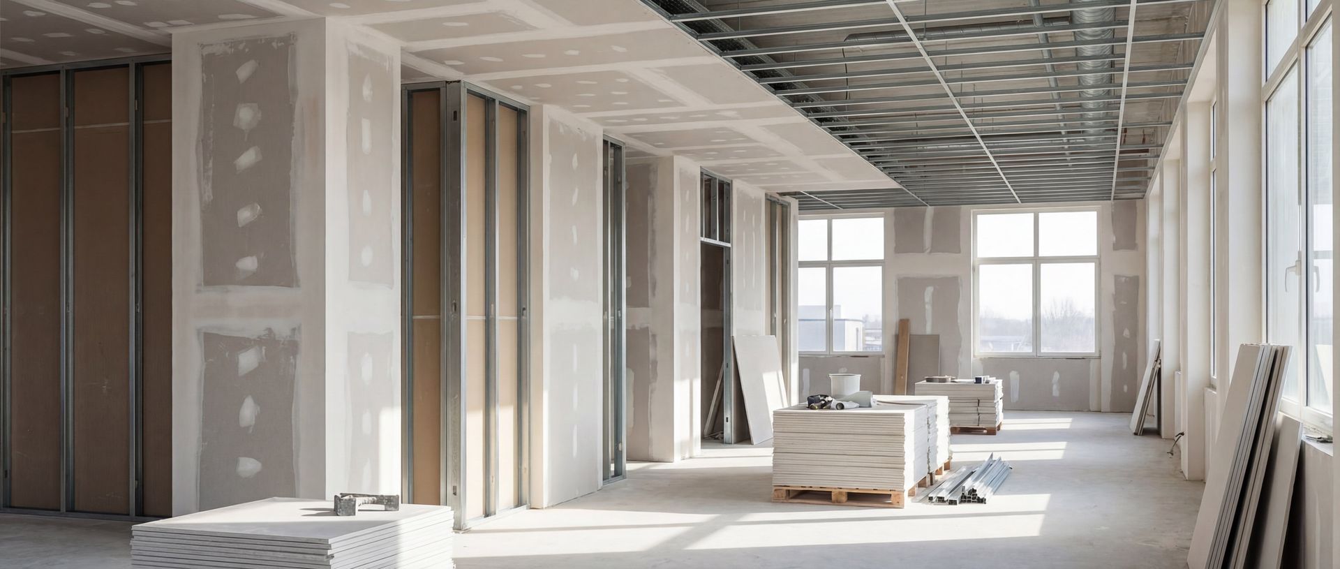 Bright unfinished room with drywall, exposed ceiling, windows, and construction materials.