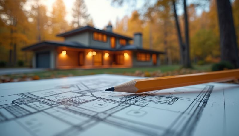 Architectural blueprint with pencil in foreground, modern house blurred in the background at dusk