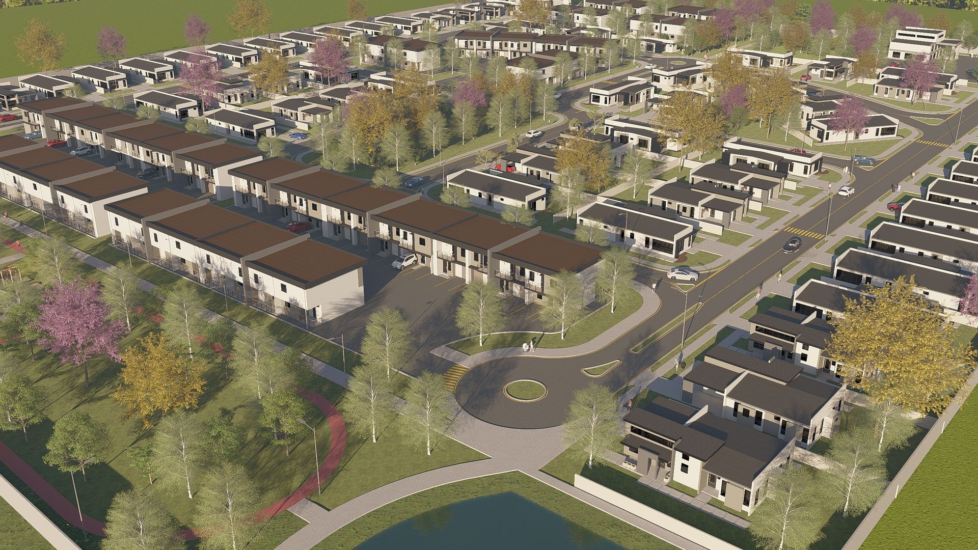 Aerial view of a suburban neighborhood with houses, trees, roads, and a pond.