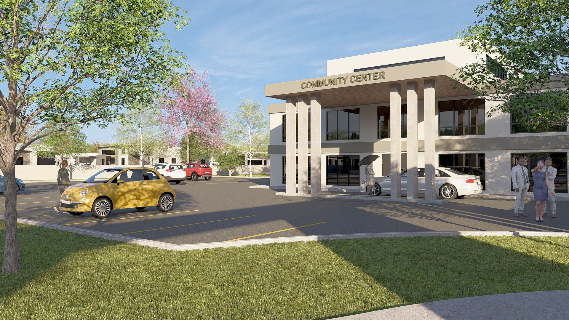Children's Hospital entrance. Yellow car pulling up; people near doors. Trees and sky in background.