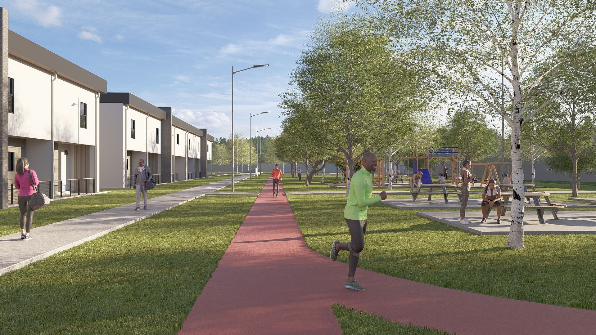 Row of houses with runners on path, trees and a playground.