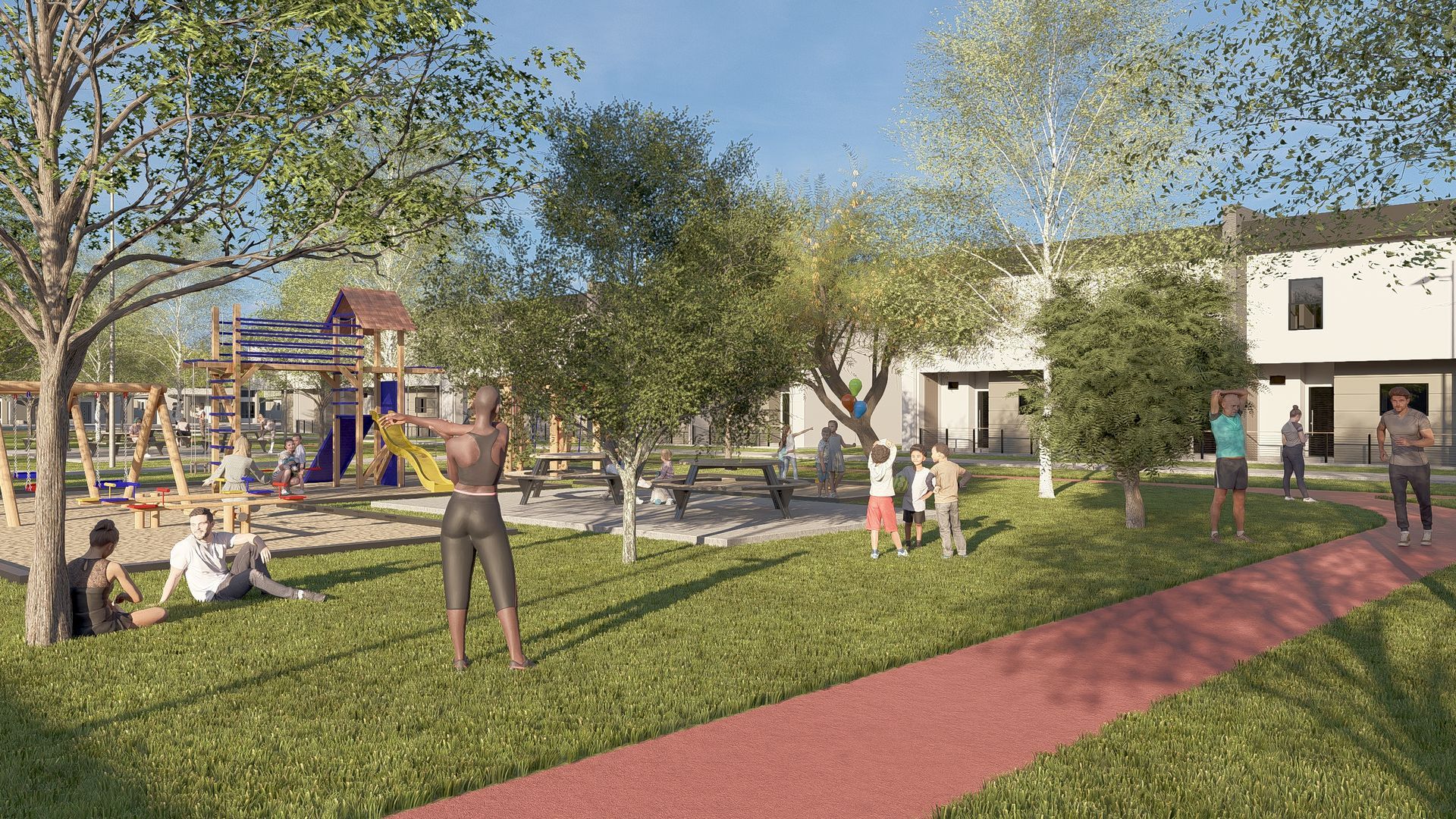 A park with playground, trees, people walking and relaxing on the grass. Buildings in the background.