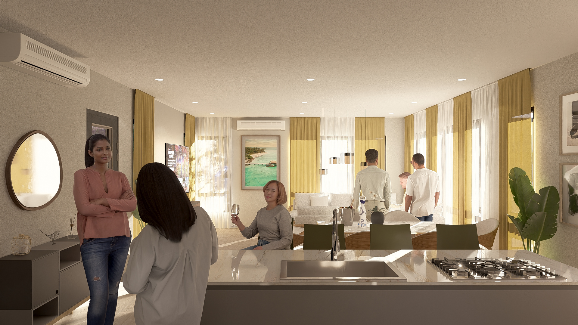 People gathered in a bright kitchen/living room. One woman raises a glass; others chat near an island.