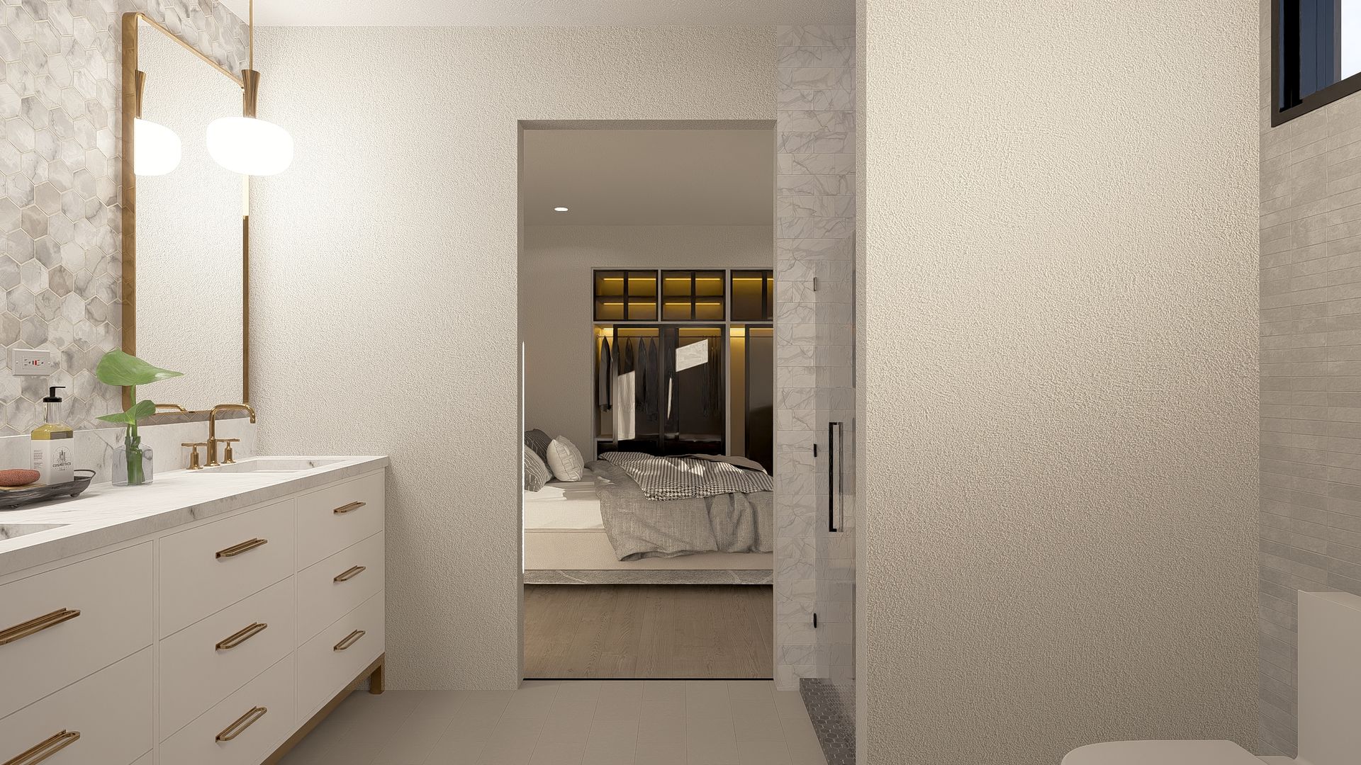 Modern bathroom with white vanity, gold accents, patterned wall, opening to a bedroom.