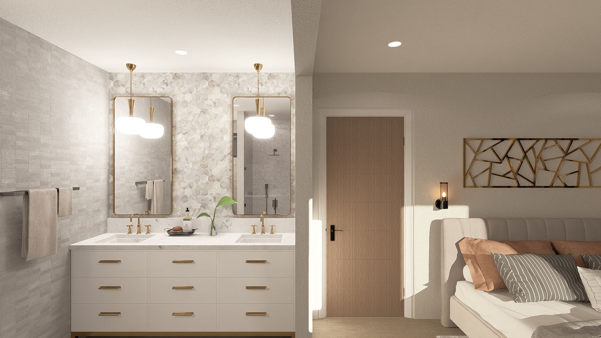 Bathroom vanity with gold fixtures, and a bedroom with neutral colors and a wooden door.