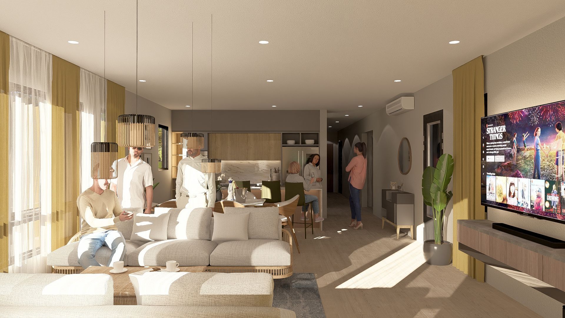 Cozy living room scene: People, sofa, kitchen, TV, and a cactus. Warm colors and natural light.