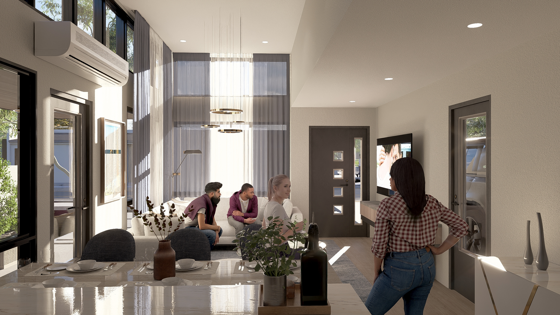 Modern living room with people, dining table, and woman in doorway.