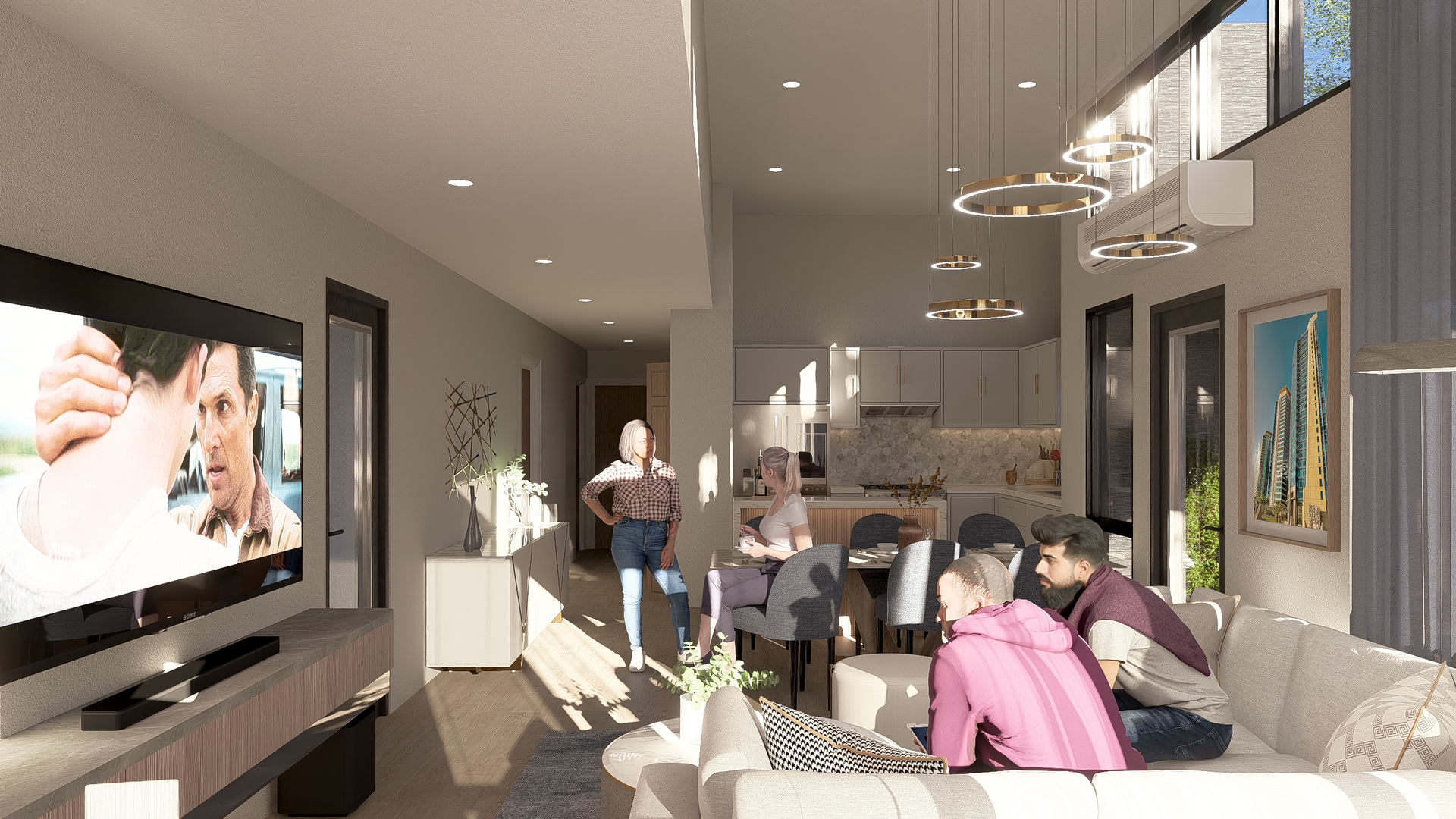 People in a modern living room, watching TV, talking, and relaxing near a kitchen.