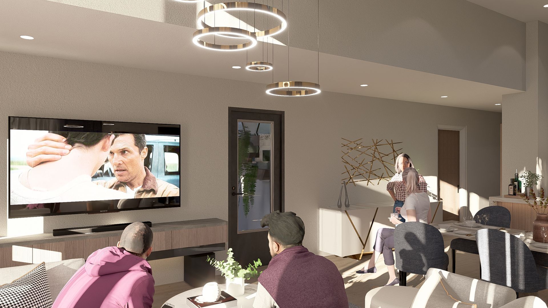 People watching TV in a modern living room with overhead lights.