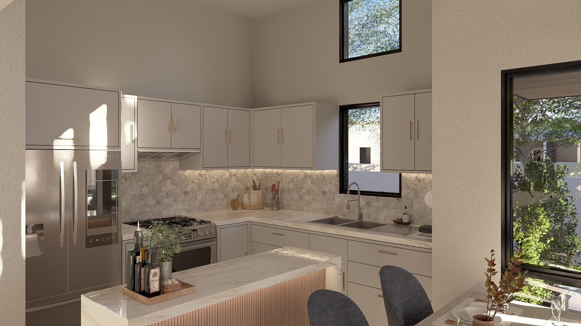 Modern kitchen with white cabinets, marble backsplash, and island.
