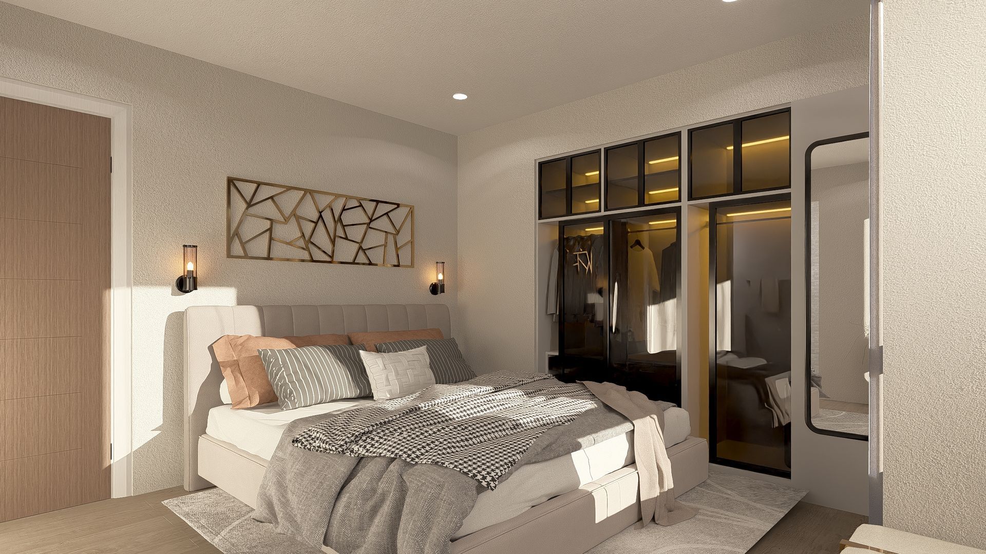 Bedroom with a bed, closet, mirror, and textured white walls. Neutral tones and modern decor.