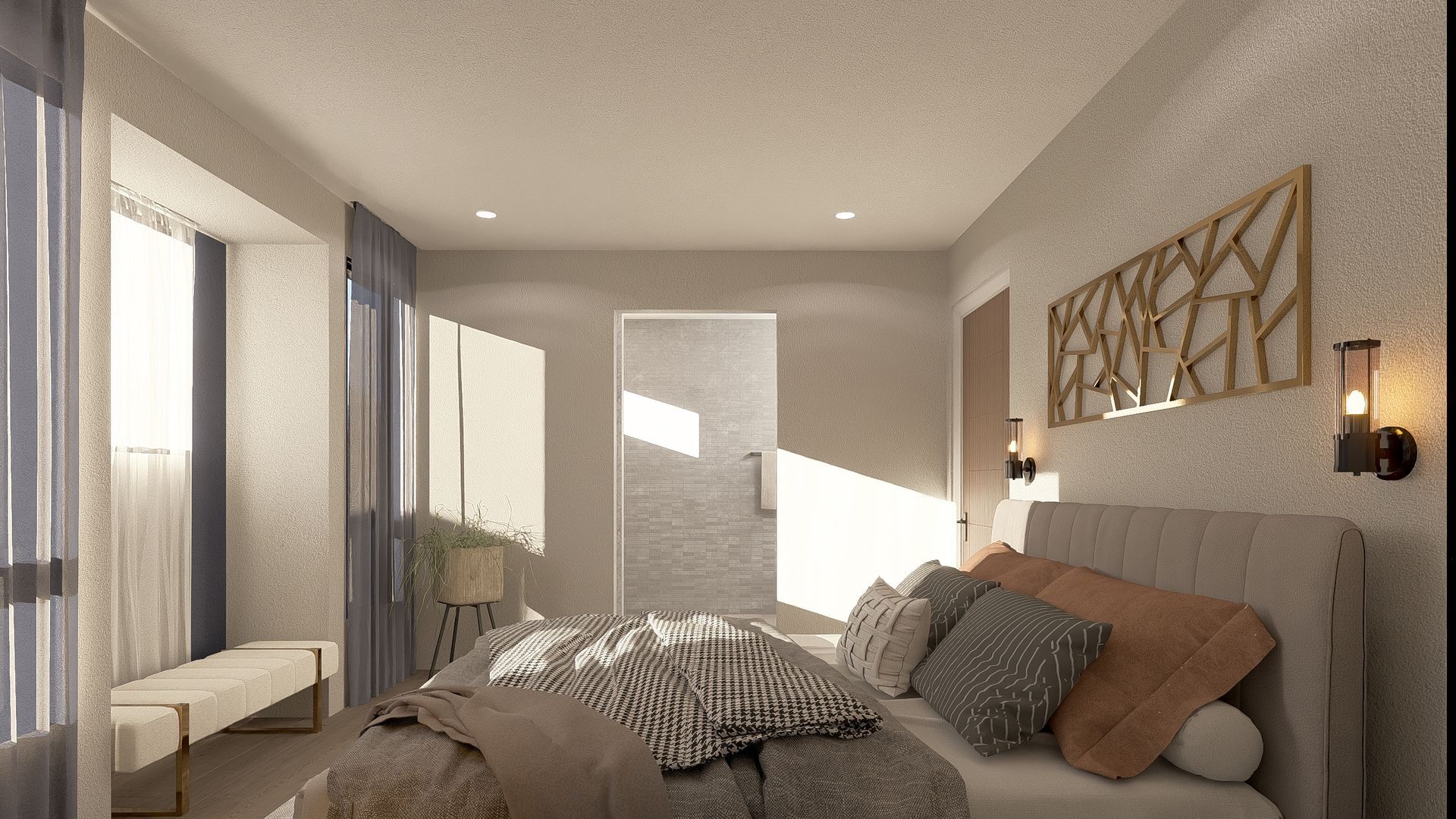 Bedroom with bed, bench, and window. Neutral tones with wooden wall decor.