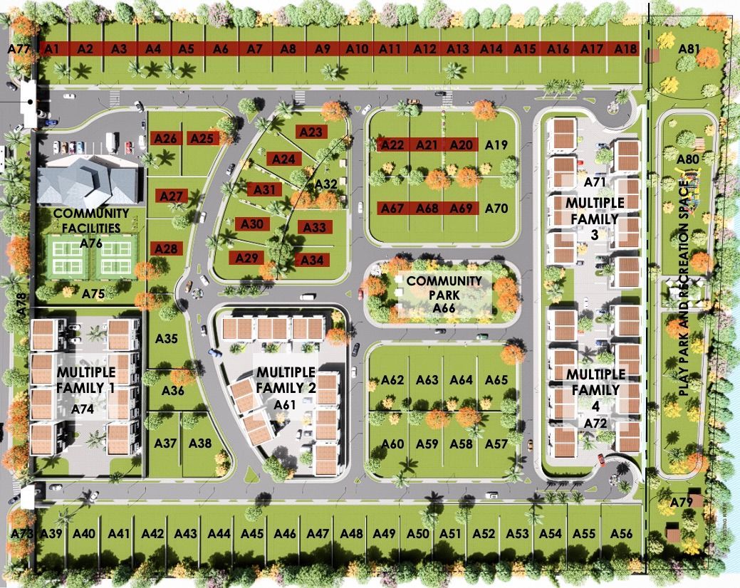 A community layout plan showing multiple family homes, parks, and individual lots.