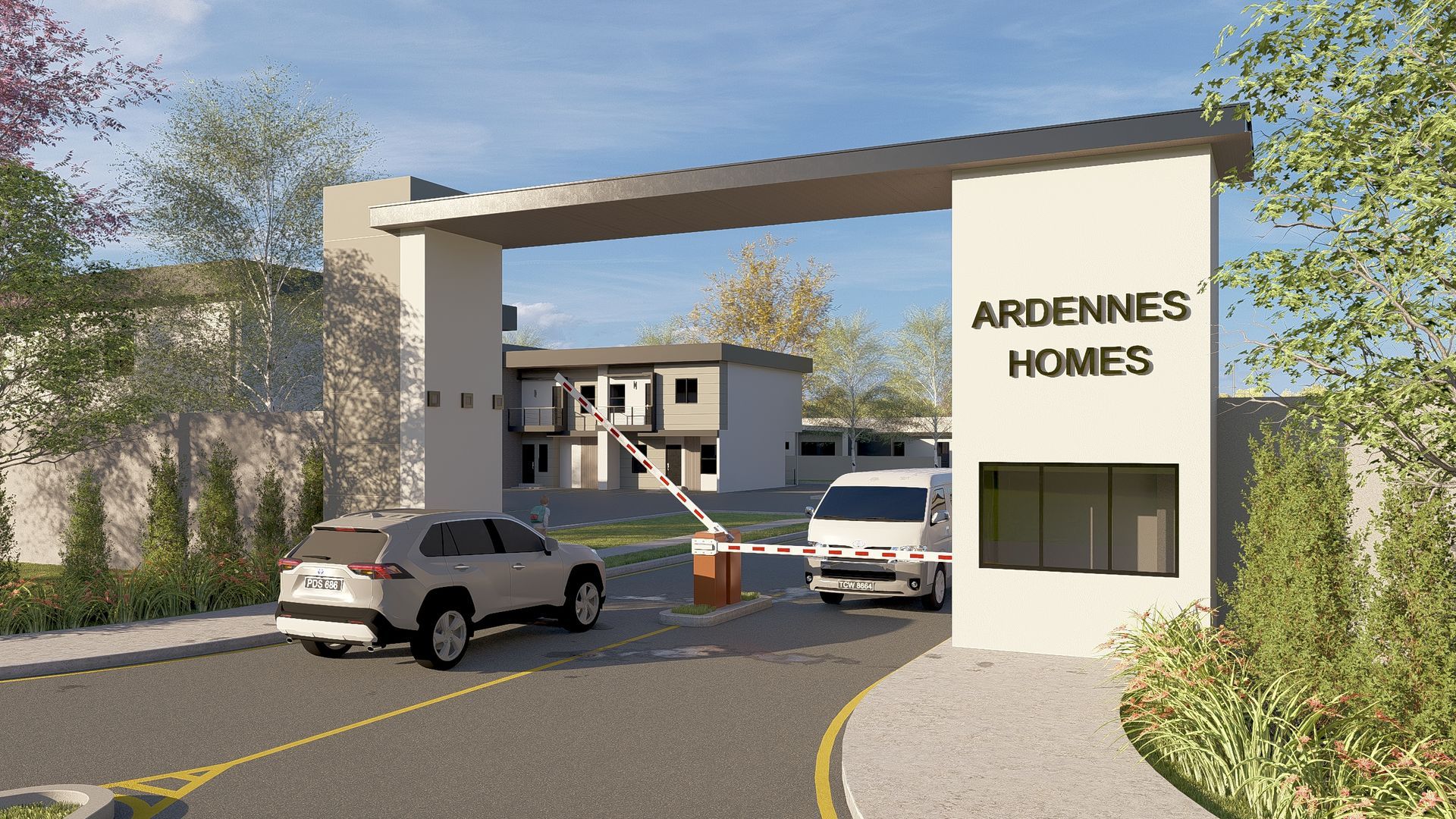 Entrance to Ardennes Homes, gated community with a car and a van at the gate.