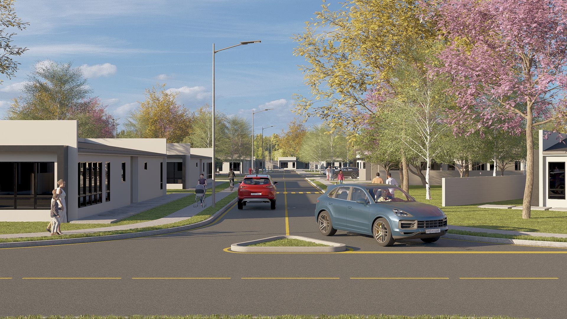 Residential street scene with cars, modern homes, and trees under a blue sky.