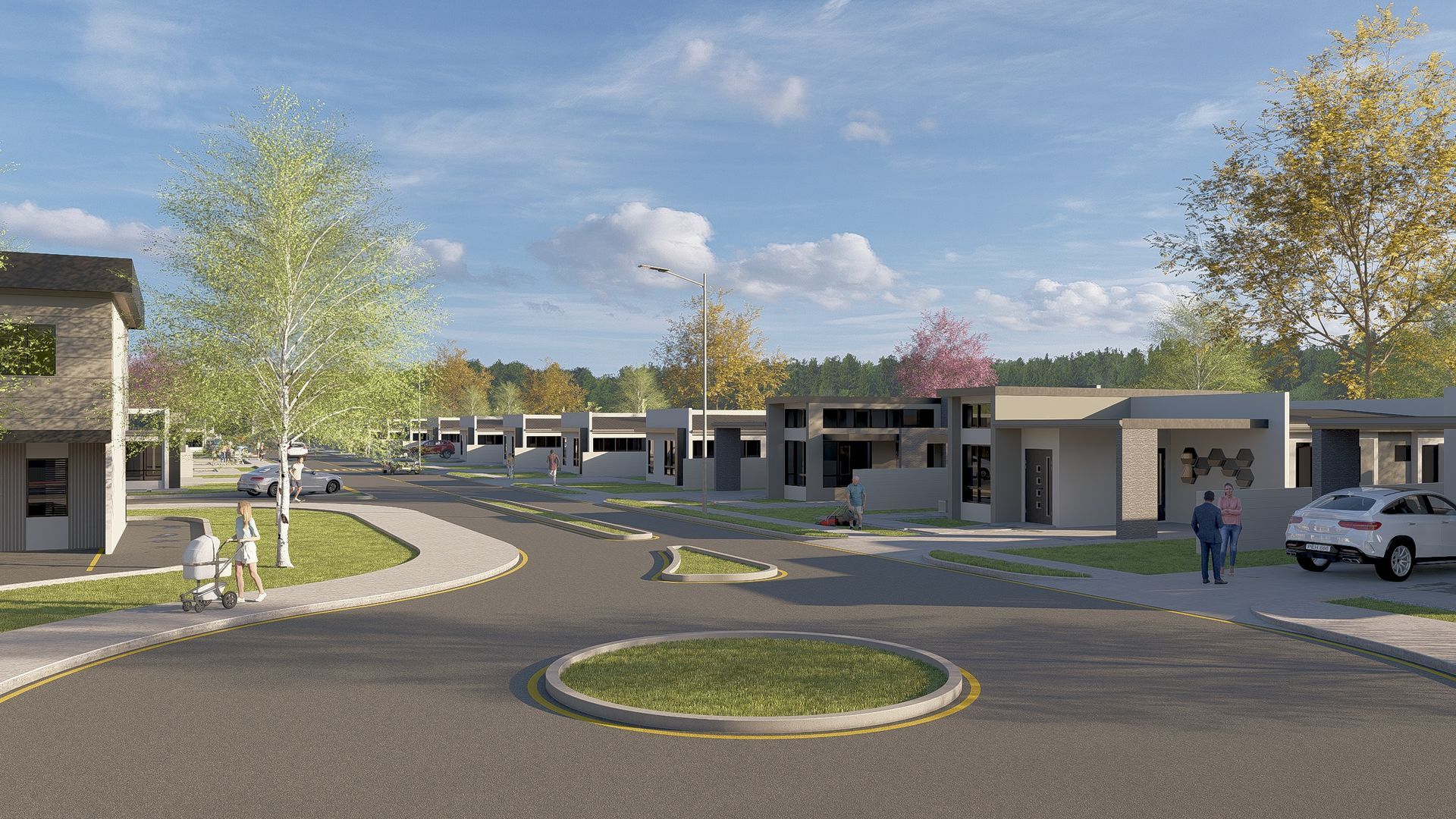 A rendering of a residential street with modern homes, trees, and a roundabout on a sunny day.