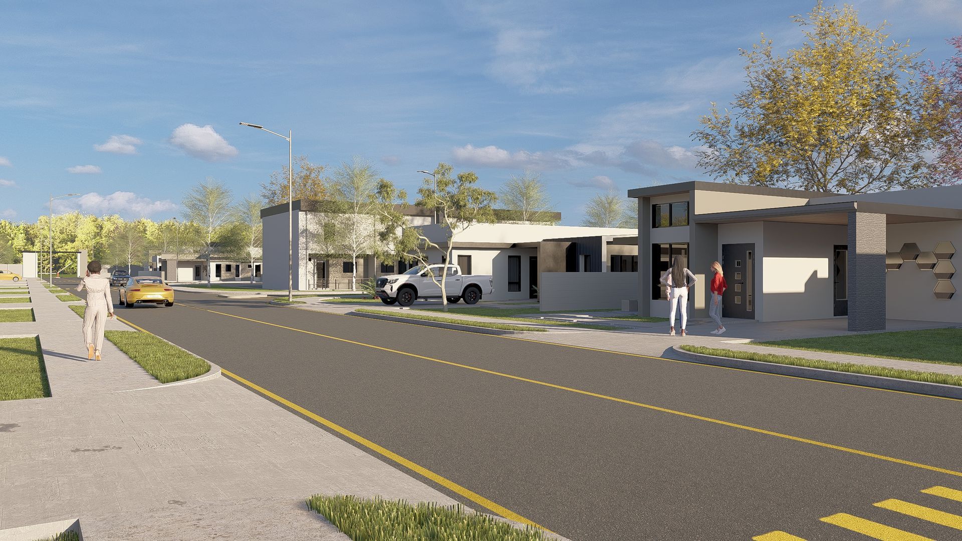 A sunny streetscape with modern buildings, cars, and people.