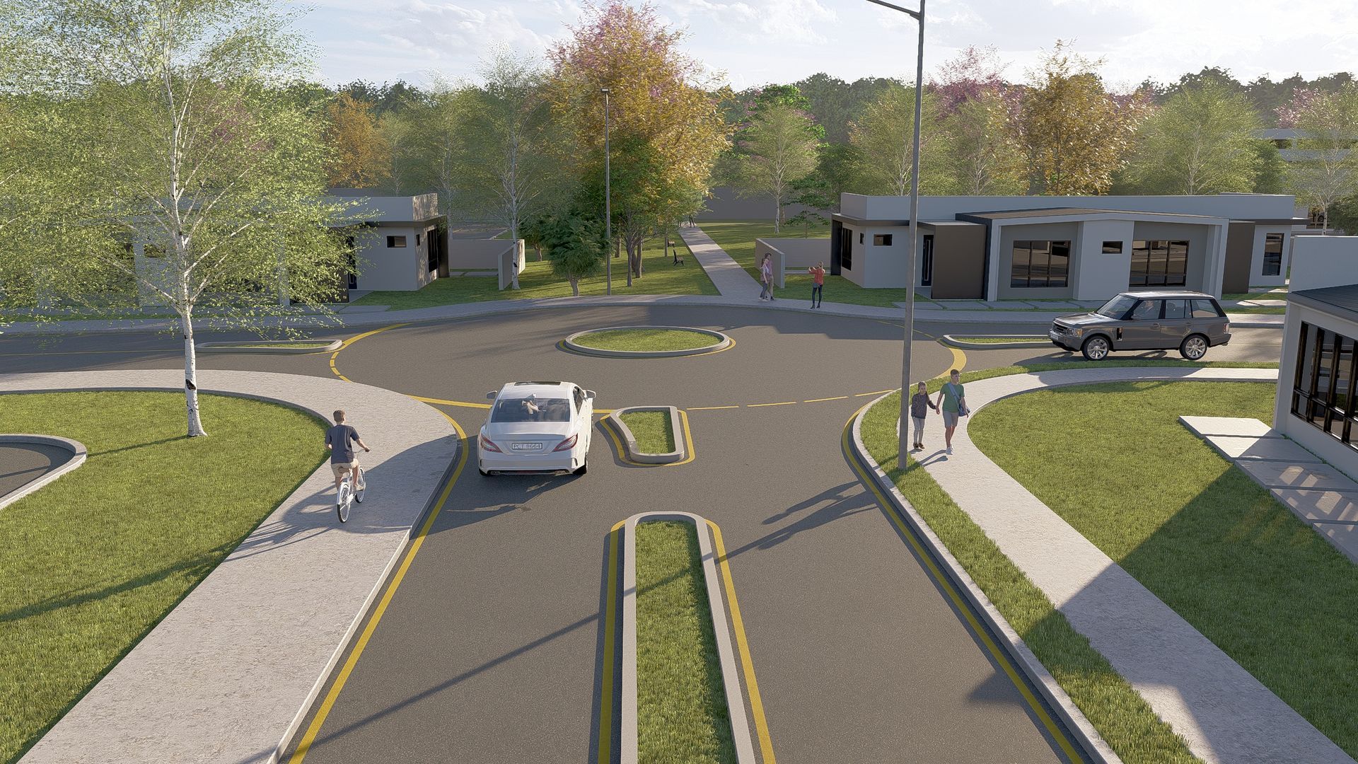 A roundabout with a white car, pedestrians, and buildings in a green, tree-lined setting.