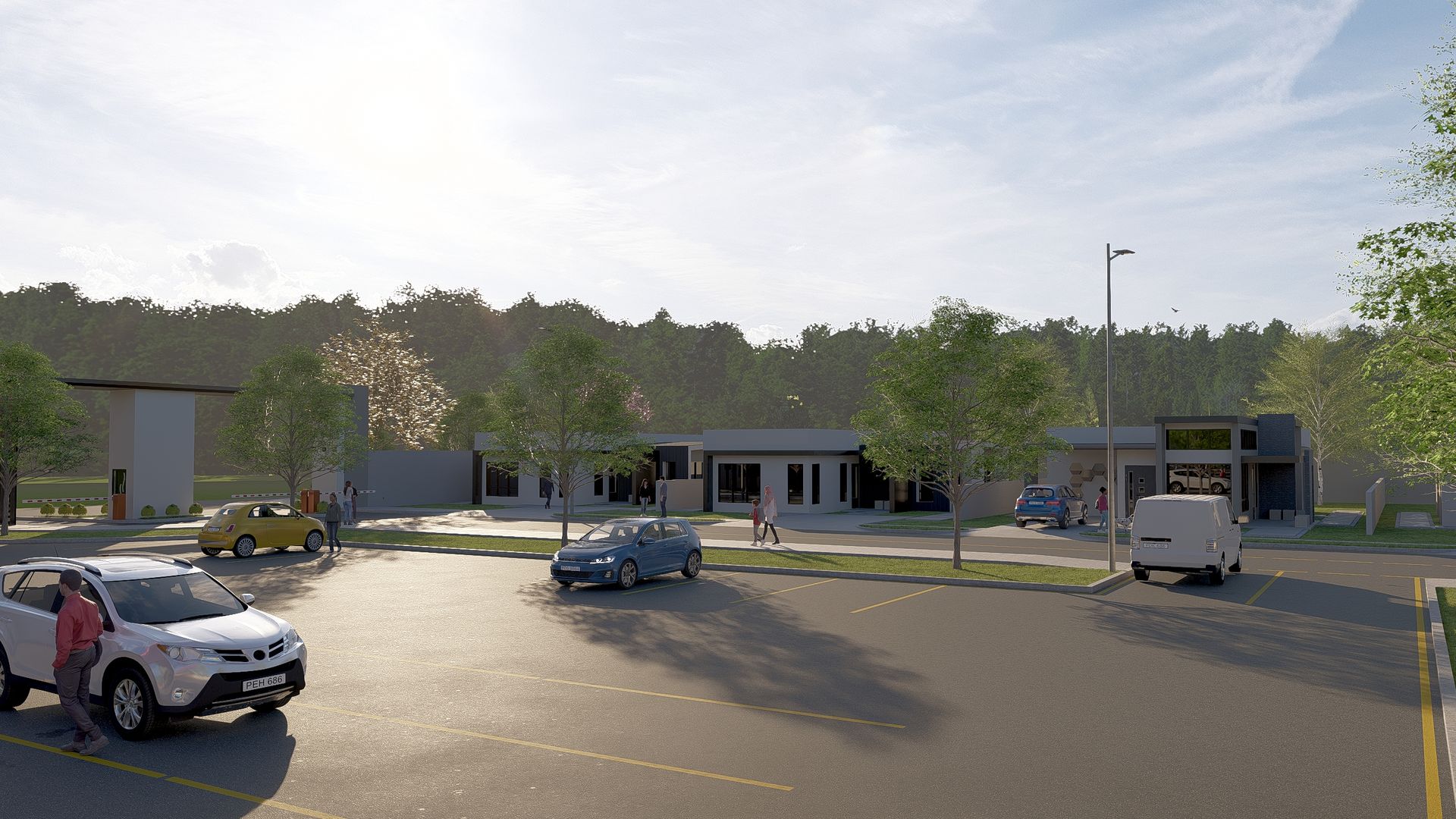Parking lot in front of a modern building with cars and people. Trees and sky in the background.
