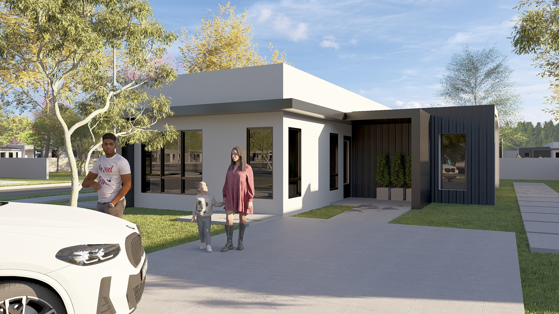 Family outside a modern house with dark accents and windows. A car is parked in the foreground.