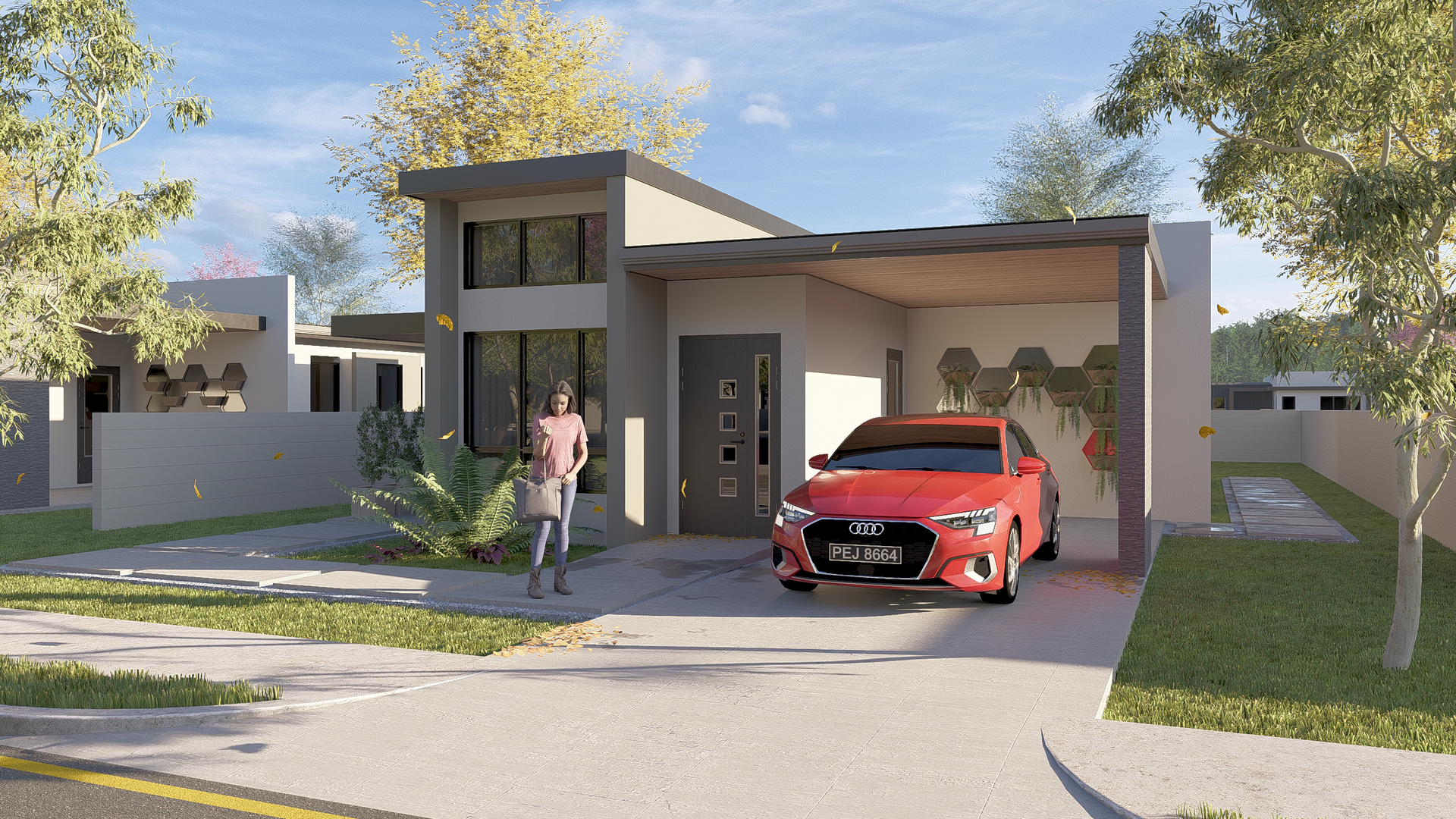 Modern house exterior with a red car parked in the carport and a person walking towards the front door.